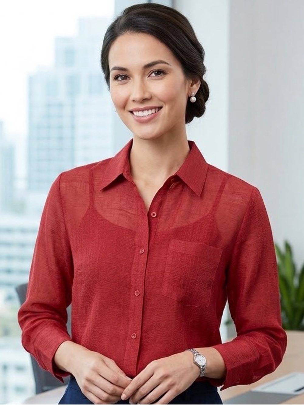 Coldwater Creek Sheer Red Button-Front Blouse